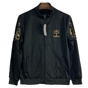 NWT LAVNIS Track Jacket Sweatshirt L Black Gold-Embroidery Graphic Zip Long-Slev